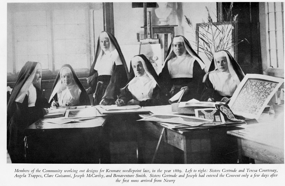 This photograph, from the booklet commemorating the centenary celebrations 1861 to1961, was taken by a Lady Colomb. It is of a group of nuns working on designs. Among them are the sisters Bonaventure Smith, Angela Trappes, Clare Guisanni, Theresa and Gertrude Courtnay and Sr. Joseph McCarthy, daughter of Mr. McCarthy (owner of the Lansdowne Hotel where the lace was displayed).