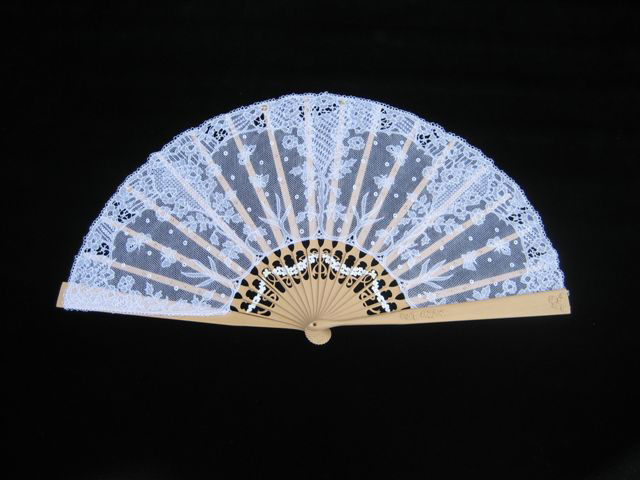 White hand fan in carrickmacross lace style